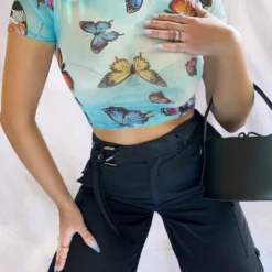 Lorlie BUTTERFLIES SHEER CROP TOP TOPS