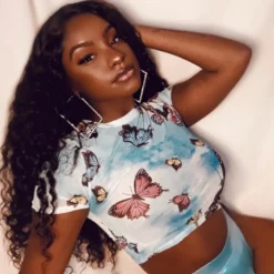 Lorlie BUTTERFLIES SHEER CROP TOP TOPS