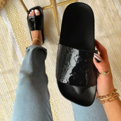 Lorlie TROPIC NIGHTS BLACK GLOSSY SLIDE SHOES